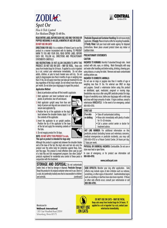 زودياك سبوت أون لمكافحة البراغيث والقراد للكلاب المتوسطة الحجم (31-60 رطلاً) - عبوة من 4 قطع - Image 2
